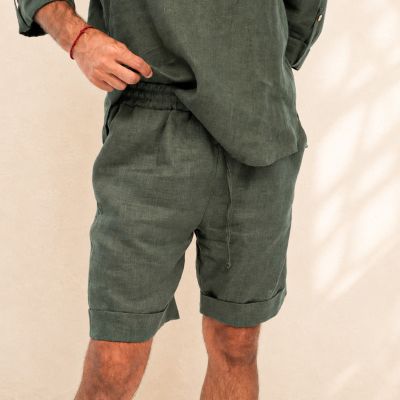 Мъжки ленени къси панталони Costa - Deep Olive